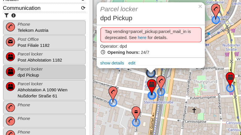Screenshot of OpenStreetBrowser, showing the communications category with a popup on a deprecated parcel locker