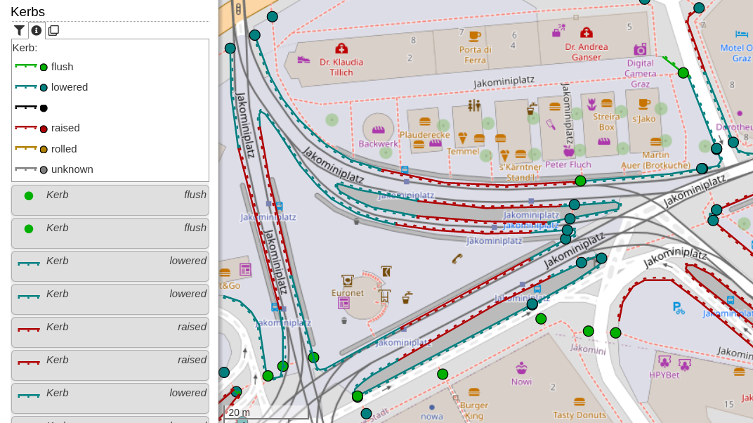 Screenshot of OpenStreetBrowser, showing a map of Jakominiplatz, Graz with the "Kerbs" overlay. In the left sidebar, the map key is visible and a list of map features.