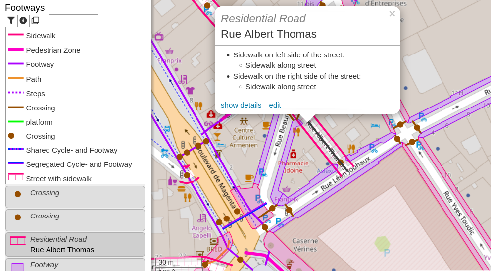 Screenshot of OpenStreetBrowser showing the "Footways" category. In the left side the map key for the category is visible, below some of the features in the map view. In the map view a popup on a street with sidewalks is open.