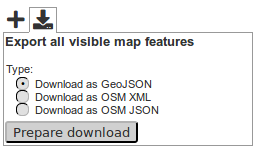 Screenshot of OpenStreetBrowser, showing the tab for exporting map features.