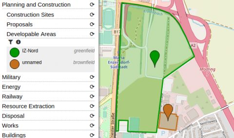Screenshot of OpenStreetBrowser, showing developable areas.