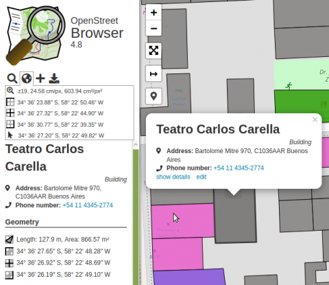 Screenshot of OpenStreetBrowser, showing details of a restaurant. Also, the GeoInfo tab is opened with coordinate details.