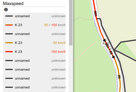 Screenshot of OpenStreetBrowser, showing a road with directonally different maxspeed.