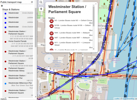 Screenshot of OpenStreetBrowser, showing routes in London, UK.