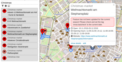 Screenshot of OpenStreetBrowser showing the Christmas category. On the left you have a list of features, on the right the map with a few markers. One of the features has a popup, where a warning is displayed: "Feature has not been updated for the current season! Please check and set the tag 'xmas:lastcheck' to the current date."