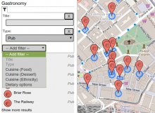 Screenshoft of OpenStreetBrowser with Gastronomy category filtered for pubs in Birmingham, showing possible additional filters.