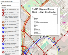 Screenshot of OpenStreetBrowser, showing public transport routes near Milan, Italy and a popup for a specific route.