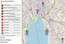 Screenshot of OpenStreetBrowser, showing various points of interest in the "Swimming and Bathing" category.