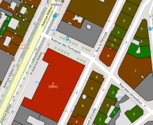 Map showing the  "Building height" category, with white labels on the colored building polygons.