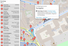 Screenshot of OpenStreetBrowser, showing the "Etymology" category. A popup has been opened on "Tausigplatz" in Vienna. The popup shows the Etymology of name coming from Franziska Tausig and Otto Tausig. Both names link to Wikidata.