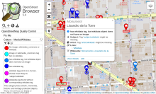 Screenshot of the QA-Culture category. The sidebar shows the map key, the map many highlighted items in red and blue. One of them has a popup which explains, that subject and artist meta data is missing.