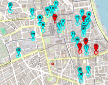 Screenshot of a city with flags indicating map features with or without air conditioning.